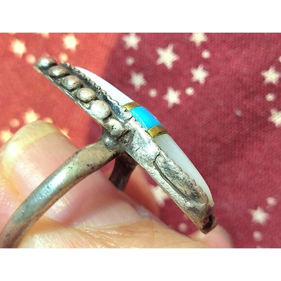Vintage Navajo Turquoise & Mother of Pearl Sterling Silver Old Pawn Ring 6.25 - Picture 6 of 10